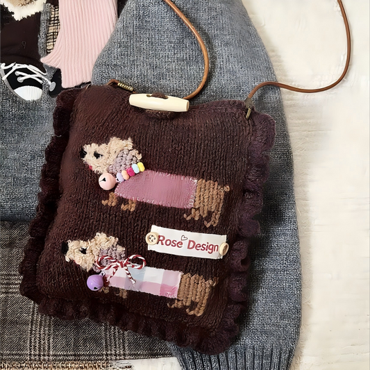 Brown Dachshund Crochet Crossbody Phone Bag