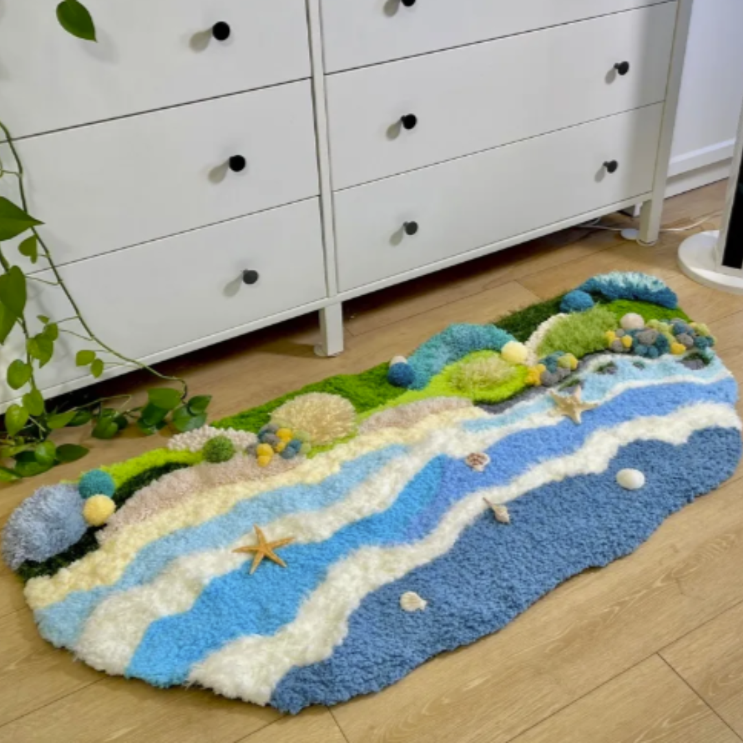 Handmade Latch Hook Ocean Moss Rug - Beach of Summer [Done for You]