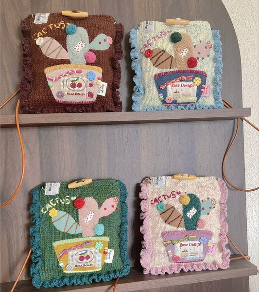 Brown Cactus Crochet Crossbody Phone Bag