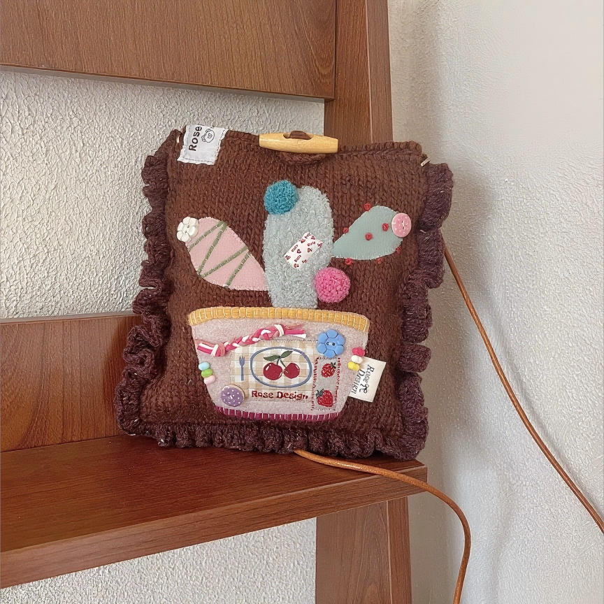 Brown Cactus Crochet Crossbody Phone Bag