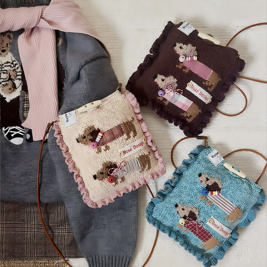 Brown Dachshund Crochet Crossbody Phone Bag